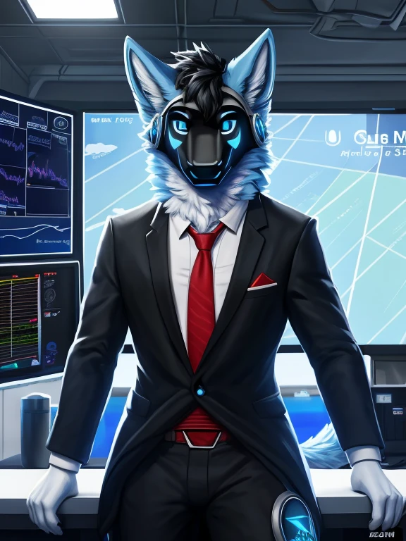 , (((Atlas a light blue Wolf with blue eyes and nose and black hair wearing a red tie and brown formal outfit inside the weather station room broadcasting today's weather like a meteorologist with the screen in the background and cameras ))) , big chest wearing clothing , day, , sensual, detailed, uploaded to e621, beautiful and detailed portrait of an anthropomorphic , (((male))) uploaded to e621, zaush, foxovh, movie lighting, thicc, alone, movie cover, all light blue fur protogen,