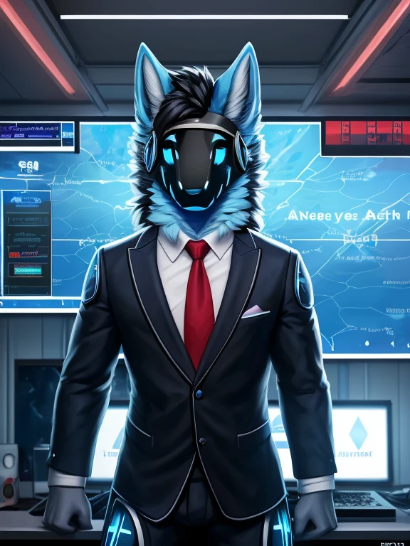 , (((Atlas a light blue Wolf with blue eyes and nose and black hair wearing a red tie and brown formal outfit inside the weather station room broadcasting today's weather like a meteorologist with the screen in the background and cameras ))) , big chest wearing clothing , day, , sensual, detailed, uploaded to e621, beautiful and detailed portrait of an anthropomorphic , (((male))) uploaded to e621, zaush, foxovh, movie lighting, thicc, alone, movie cover, all light blue fur protogen,