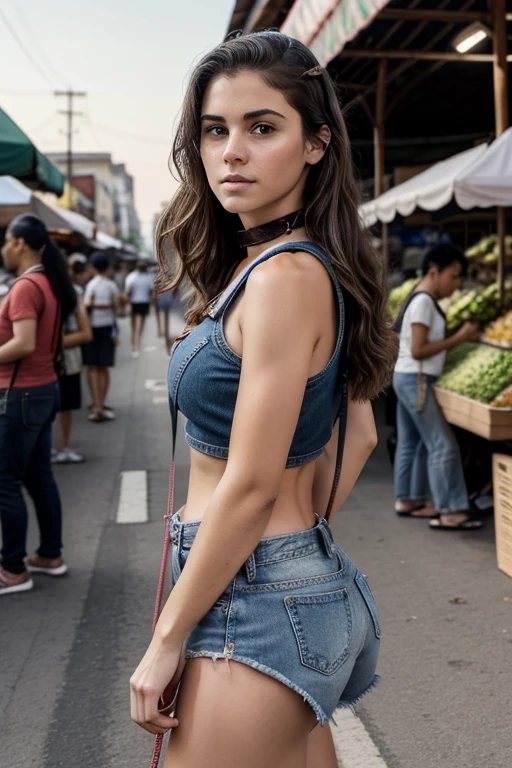 ((best quality)), ((masterpiece)), (detailed), perfect face, realistic proportions, slouching, young, nubile girl, obedient expression, large ass, side view, wearing ripped croptop, side boob, wearing ripped jean shorts, barefoot, wearing collar and leash, leashed to a man, being walked on a leash, being walked on a leash by a man, at a busy market, at an outdoor market