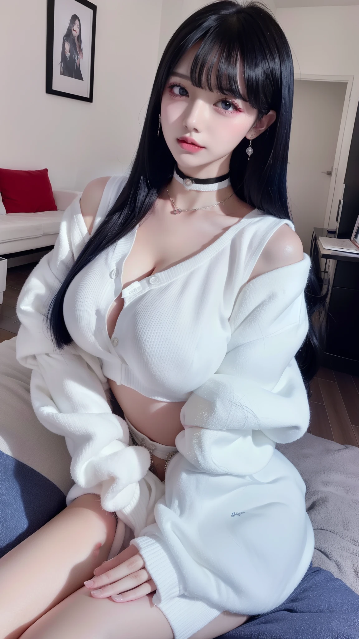 highest quality、8k、32k、masterpiece、Super vivid、Highest quality、8k full vision, Cinematic lighting:1.2)、(Blue right), One Girl、Long Hair Girl、Beautiful Japanese Women、Black-haired、Heavy bangs、Long sleeve shirt、Hair length、Fluffy white sweater、Accentuate your breasts、G-Cup,choker、(Super big boobs), (jirai type makeup, Jirai Type Girl), Sparkling under-eye bags、red glitter eye makeup, From feet to head、

indoor、moonlit room、A room in an apartment with a sense of life