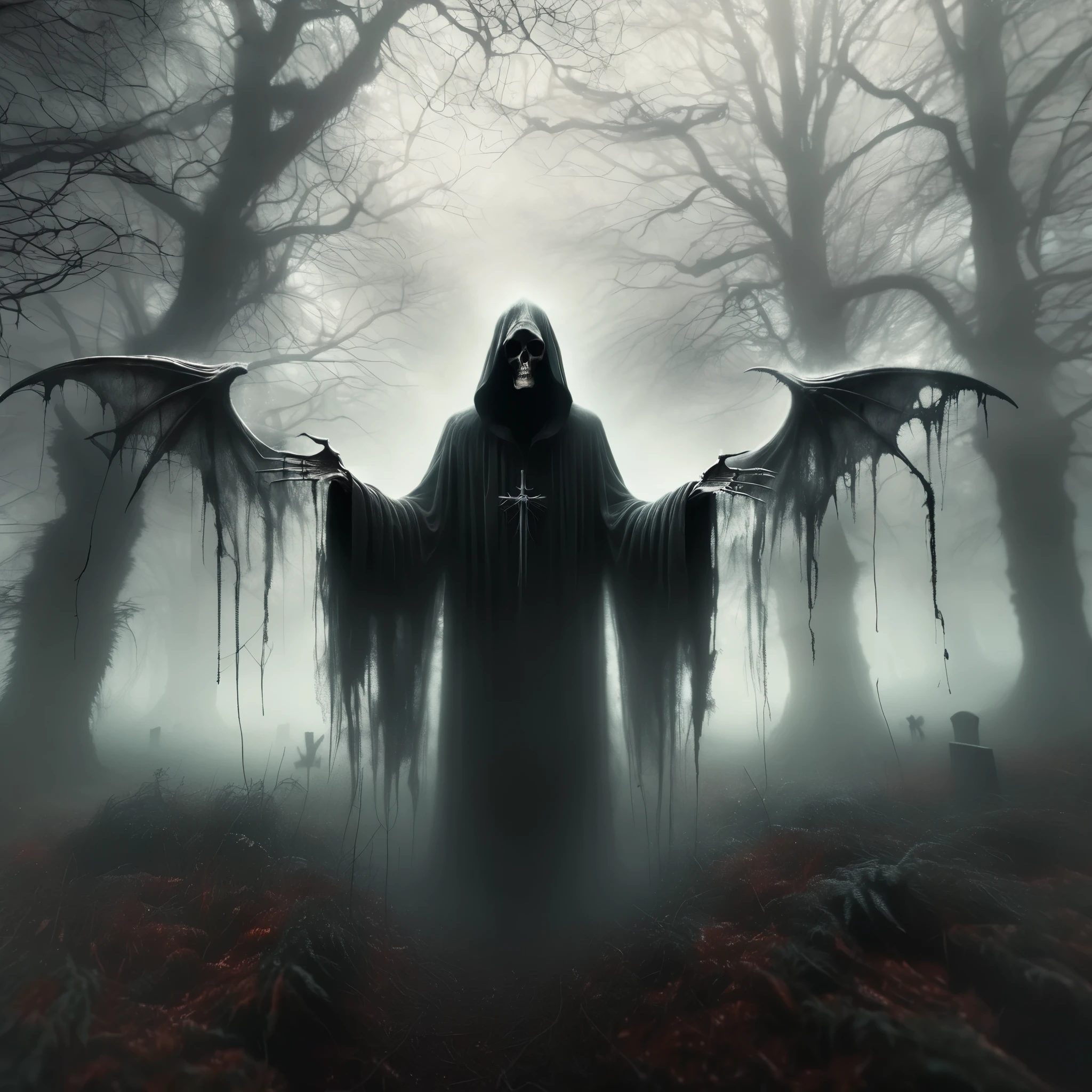 The image depicts a gothic and dark fantasy scene. In the center stands a figure resembling the Grim Reaper, with large, tattered wings, a hooded cloak, and skeletal hands. The character is holding a scythe in one hand and has a bell attached to its other hand. The background is a misty forest with tall trees and a reddish ground, suggesting a sense of mystery and foreboding. There are also a few tombstones in the foreground, which adds to the overall eerie atmosphere of the image.