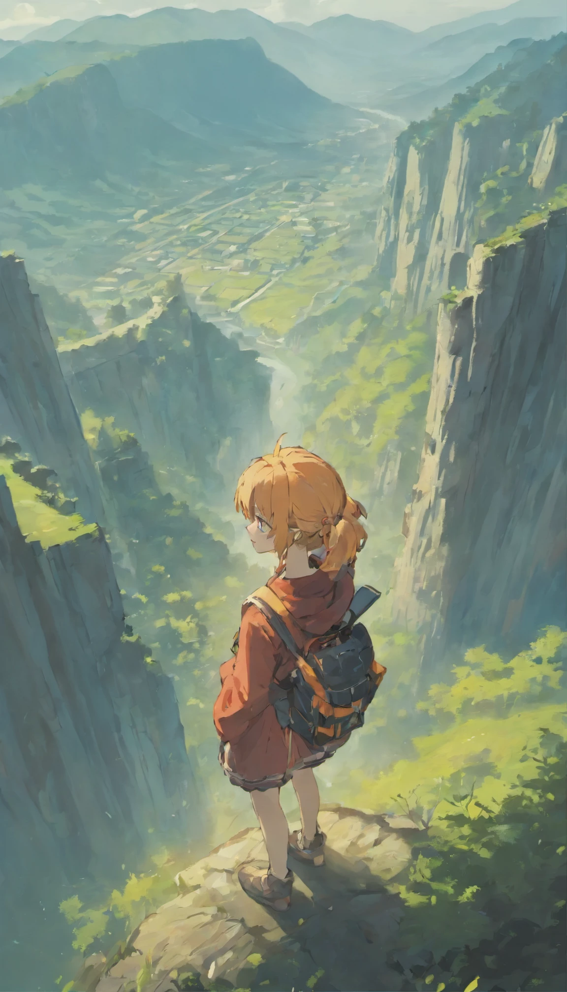 An anime-inspired scene of a character standing on a cliff edge, overlooking a vast, picturesque valley spread out below.

