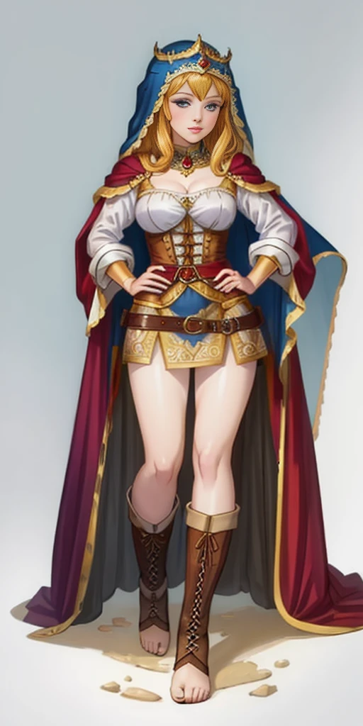 ((white background)) full body of a woman in a dress with a veil, feet together, standing feet together, military boots, beautiful fantasy maiden slave warrior, beautiful fantasy art portrait, fantasy Victorian art, medieval fantasy art, beautiful and elegant queen, portrait of queen of light, fantasy portrait art, gothic fantasy art, a beautiful fantasy empress, hands on hips