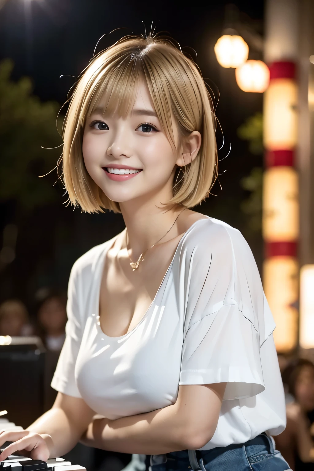 ((highest quality))、(masterpiece:1.4)、Raw photo、8k、((Best image quality))、 ((High resolution))、Beautiful face in every detail、Realisticな人の肌、Gentle expression、(One person:1.4, One Woman:1.3 )、Realistic、(Pretty short hair:1.4, Blonde:1.3)、(Beautiful woman)、(Cute Japanese Girl:1.3)、(E cup bust:1.3、Balanced style:1.2)、((mannish))、((Beautiful woman))、(Beautiful Hair)、With bangs、(((Red cheeks)))、(Her eyes are big:1.3)、20 year old beauty、(Her face is small:1.3 )、Small Head、(Long neck:1.3)、necklace、((Music Festival))、(T-Shirts)、((on stage))、(Play the keyboard:1.3)、((Happy expression))、Everyone respects her、rock band、(Young women respect her)、(popular person)、(dynamism:1.3)、(Larger clothes)