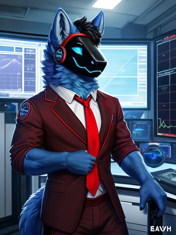 , (((Atlas a light blue Wolf with blue eyes and nose and black hair(( wearing a red tie and brown formal outfit)) inside the weather station room broadcasting today's weather like a meteorologist with the screen in the background and cameras ))) , big chest wearing clothing , day, , sensual, detailed, uploaded to e621, beautiful and detailed portrait of an anthropomorphic , (((male))) uploaded to e621, zaush, foxovh, movie lighting, thicc, alone, movie cover, all light blue  fur protogen, wearing a red tie and brown formal outfit