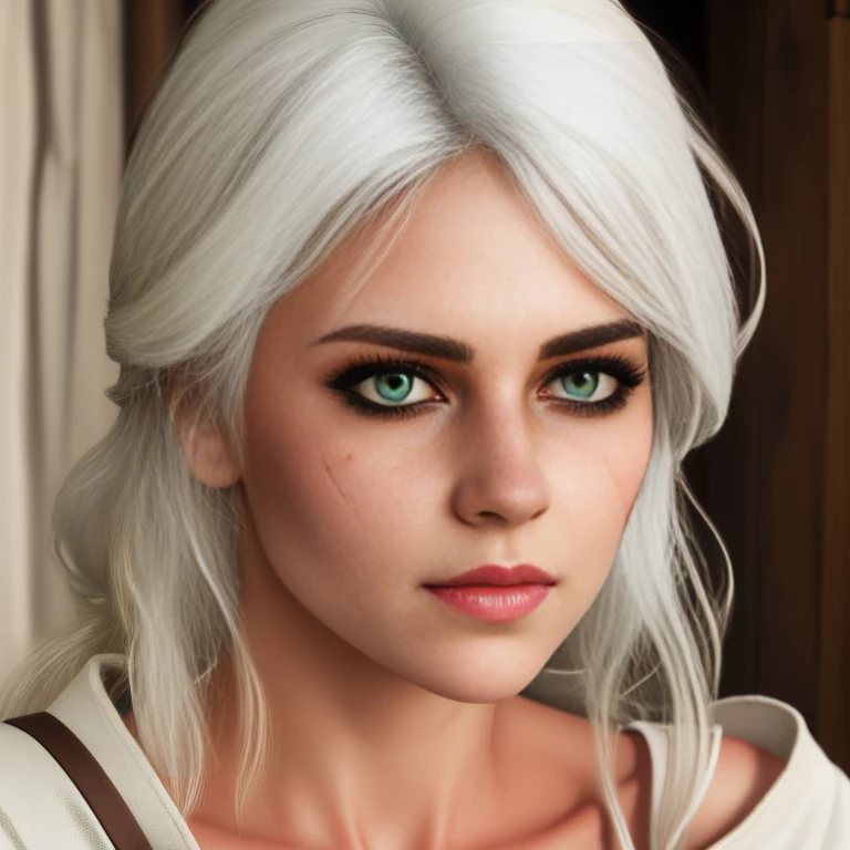 ciriW3_soul3142, 1girl, white hair, scar across eye, green eyes, freckles, detailed skin, masterpiece, best quality, intricate details, 