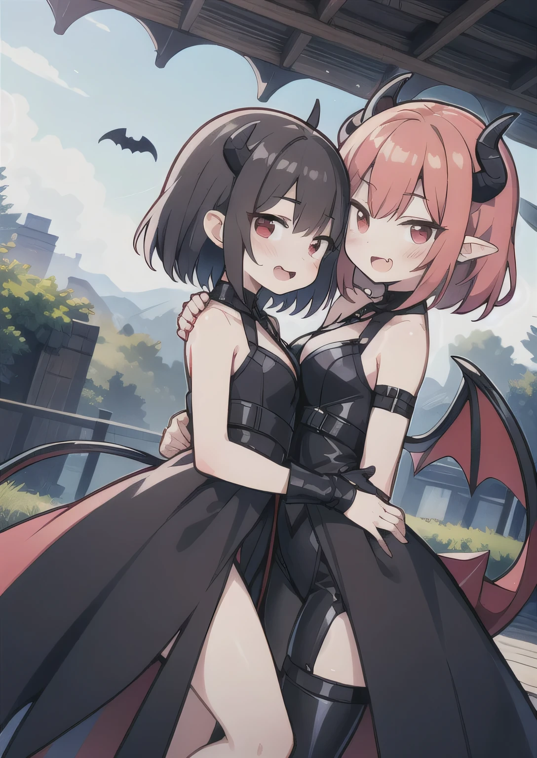 8K,  boy and girl, petit, , kawaii vampire, crimson hair, short hair, red eyes, bat wings, smile, (blush), (shy), fang, pointed ears, looking at viewer,  dynamic angle, wind, game cg, fantastic scenery, demon tail, thin tail, black horns, medium breast, latex, kissing, sexy, dating 