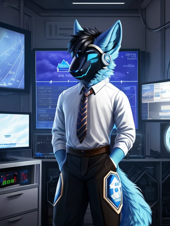 , (((Atlas a light blue Wolf with blue eyes and nose and black hair(( wearing a tie and brown formal outfit)) inside the weather station room broadcasting today's weather like a meteorologist with the screen in the background and cameras ))) , big chest wearing clothing , day, , sensual, detailed, uploaded to e621, beautiful and detailed portrait of an anthropomorphic , (((male))) uploaded to e621, zaush, foxovh, movie lighting, thicc, alone, movie cover, all light blue fur protogen, wearing a tie and brown formal outfit