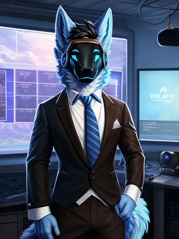 , (((Atlas a light blue Wolf with blue eyes and nose and black hair(( wearing a  tie and brown formal outfit)) inside the weather station room broadcasting today's weather like a meteorologist with the screen in the background and cameras ))) , big chest wearing clothing , day, , sensual, detailed, uploaded to e621, beautiful and detailed portrait of an anthropomorphic , (((male))) uploaded to e621, zaush, foxovh, movie lighting, thicc, alone, movie cover, all light blue  fur protogen, wearing a tie and brown formal outfit