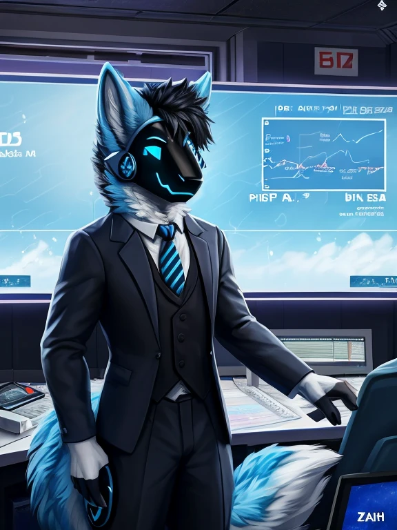 , (((Atlas a light blue Wolf with blue eyes and nose and black hair(( wearing a tie and brown formal outfit)) inside the weather station room broadcasting today's weather like a meteorologist with the screen in the background and cameras ))) , big chest wearing clothing , day, , sensual, detailed, uploaded to e621, beautiful and detailed portrait of an anthropomorphic , (((male))) uploaded to e621, zaush, foxovh, movie lighting, thicc, alone, movie cover, all light blue fur protogen, wearing a tie and brown formal outfit