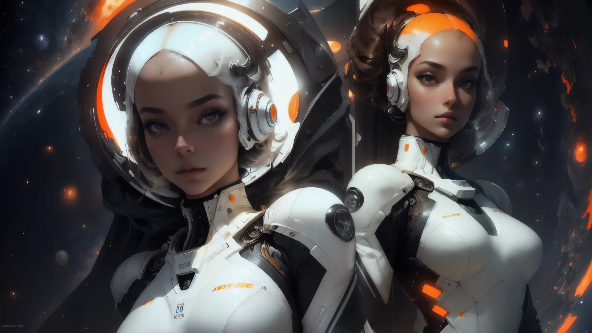 High-Definition 16:9 Image: A captivating portrait of a white woman resembling a futuristic android, adorned in a sleek, white spacesuit against an intense, fiery orange backdrop, reminiscent of the iconic works of Robert McGinnis. The woman is the female protagonist of this intriguing narrative, standing in front of a towering megastructure in the background, as she gazes out into the infinite cosmos. This piece embodies the essence of an AI astronaut, with every detail meticulously crafted, from the perfectly detailed teeth to the stunningly lifelike texture of the suit. The dialated pupils of her eyes reflect
