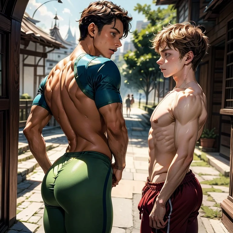 watercolor, Peter Pan examines the buttocks of a -yeld Brlian boy, wearing tight sweatpants with a protruding convex codpiece. Muscular, with round, firm, perfect buttocks,
Aesthetic, erotic, beautiful, in the style of Caravaggio