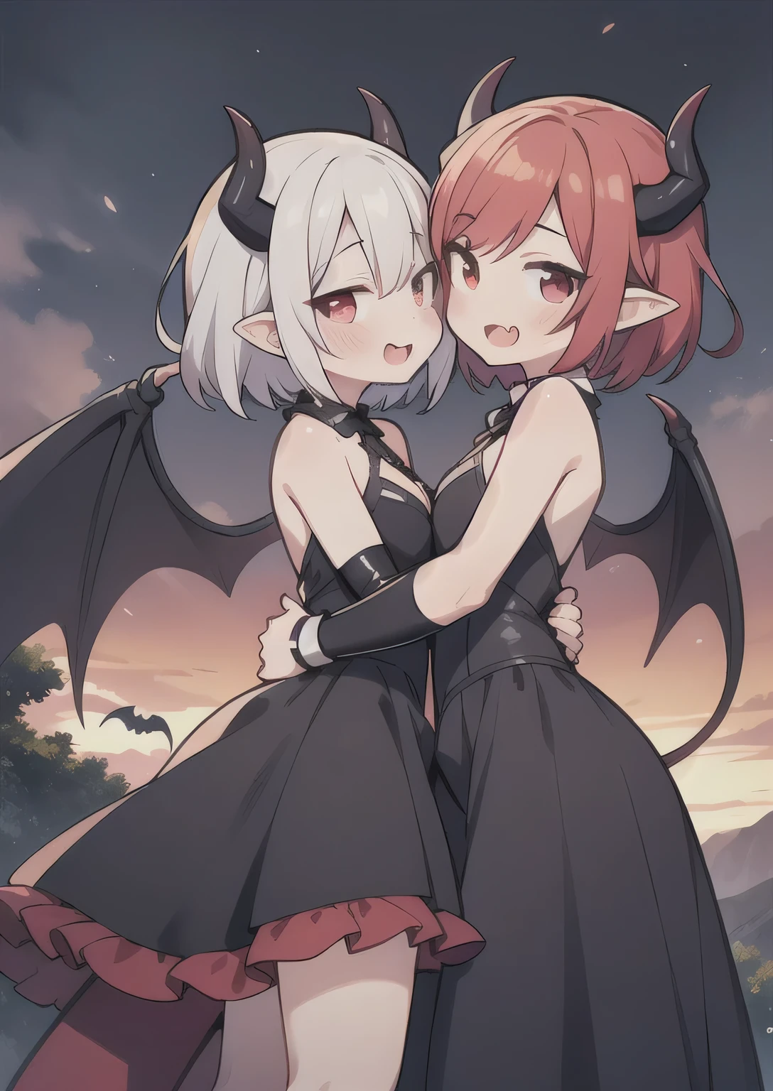 8K, femboy and girl, petit, teen, kawaii vampire, crimson hair, short hair, red eyes, bat wings, smile, (blush), (shy), fang, pointed ears, looking at viewer, dynamic angle, wind, game cg, fantastic scenery, demon tail, thin tail, black horns, medium breast, latex, kissing, sexy, dating