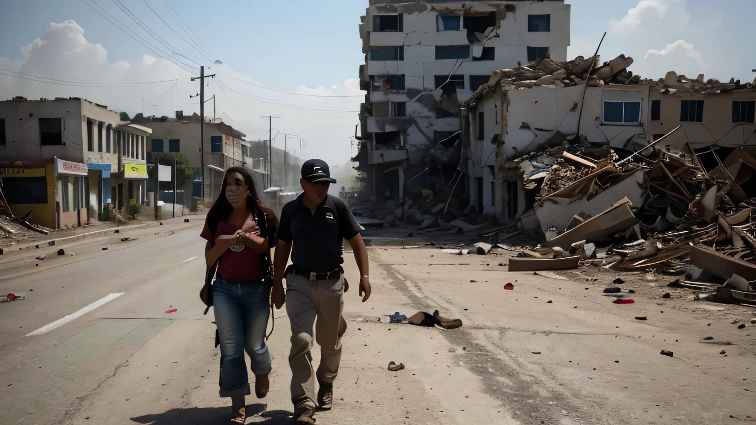 A dramatic scene of a magnitude-6.4 earthquake striking the Mexico-Guatemala border. Buildings are collapsing with debris falling around, creating a chaotic environment. People are fleeing in panic through the streets. The sky is filled with dust and smoke, and the ground is cracked, showcasing the severity of the quake. Emergency services are arriving at the scene, and there are visible signs of destruction everywhere. The overall atmosphere is one of urgency and distress.