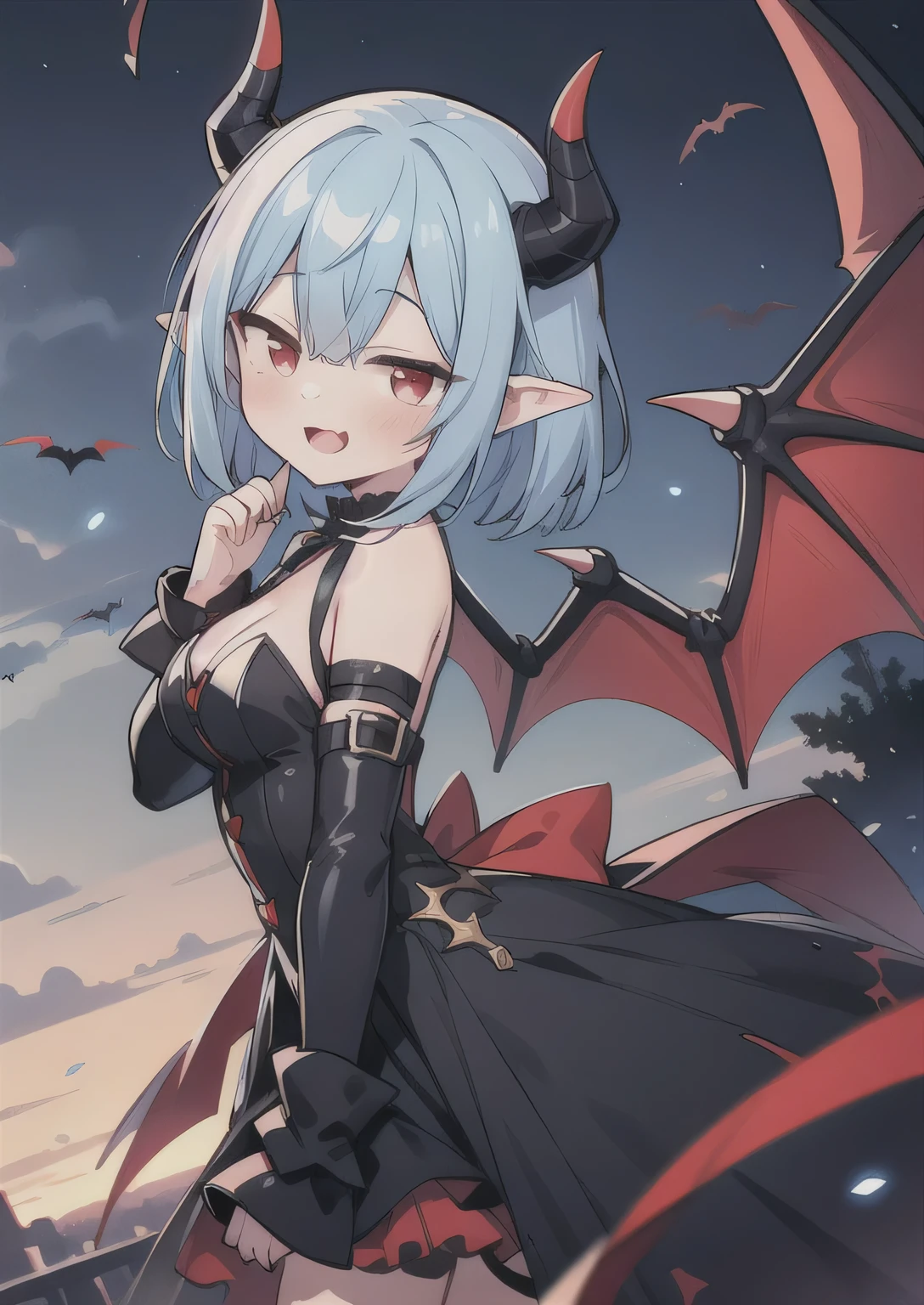 8K, femboy and girl, petit, teen, kawaii vampire, blue hair, crimson hair, short hair, red eyes, bat wings, smile, (blush), (shy), fang, pointed ears, looking at viewer, dynamic angle, wind, game cg, fantastic scenery, demon tail, thin tail, black horns, medium breast, latex, kissing, sexy, dating
