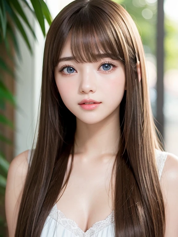 Portrait、、Bright expression、Half Up 、Younger, brighter, whiter skin、Best Looks、Natural brown hair with shiny highlights、Shiny bright hair,、Super long, silky straight hair、Shiny beautiful bangs、Blunt bangs、Sparkling, clear, attractive big blue eyes、A very beautiful, lovely and cute 16 year old girl、Ample breasts
