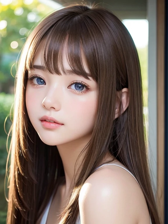 Portrait、、Bright expression、Half Up 、Younger, brighter, whiter skin、Best Looks、Natural brown hair with shiny highlights、Shiny bright hair,、Super long, silky straight hair、Shiny beautiful bangs、Blunt bangs、Sparkling, clear, attractive big blue eyes、A very beautiful, lovely and cute 16 year old girl、Ample breasts