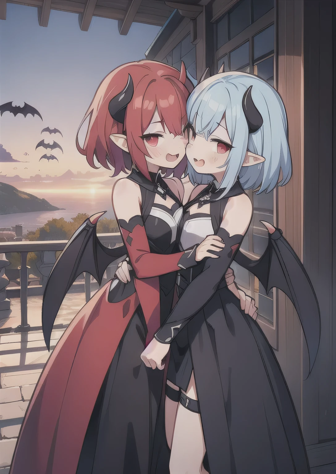 8K, femboy and girl, petit, teen, kawaii vampire, blue hair, crimson hair, short hair, red eyes, bat wings, smile, (blush), (shy), fang, pointed ears, looking at viewer, dynamic angle, wind, game cg, fantastic scenery, demon tail, thin tail, black horns, medium breast, latex, kissing, sexy, dating