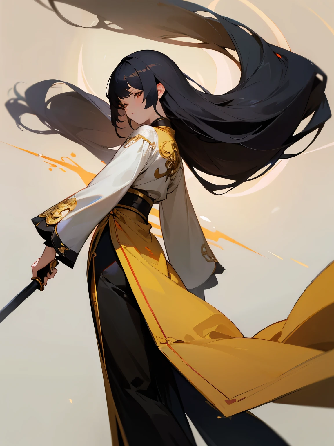 Chinese fantasy, Young woman, Young woman стоит спиной, girl profile, black long hair, Sword in hand, white sleeves, Long sleeves, black pants with gold trim at the bottom, fresco, full length, Beautiful face, Good Quality, стоит full length, Back to the viewer