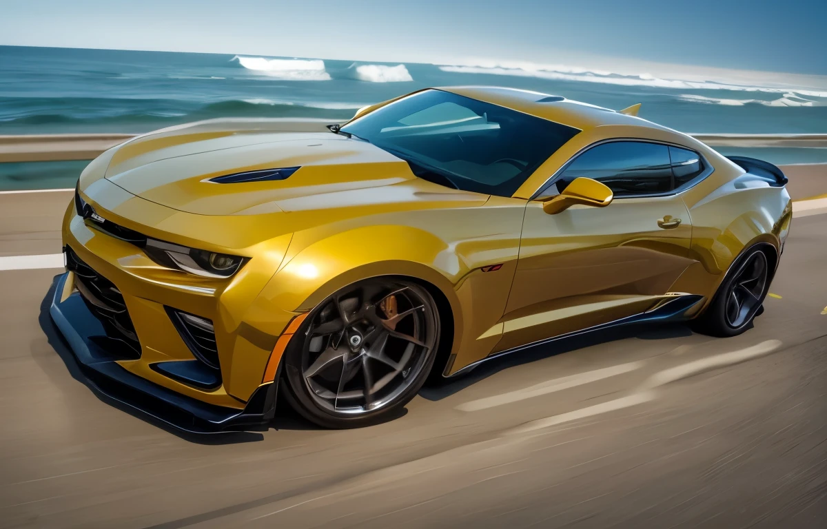Chevrolet Camaro in yellow driving on the Pacific Coast Highway in California. high resolution, fotorrealista, hiperrealista, 4k