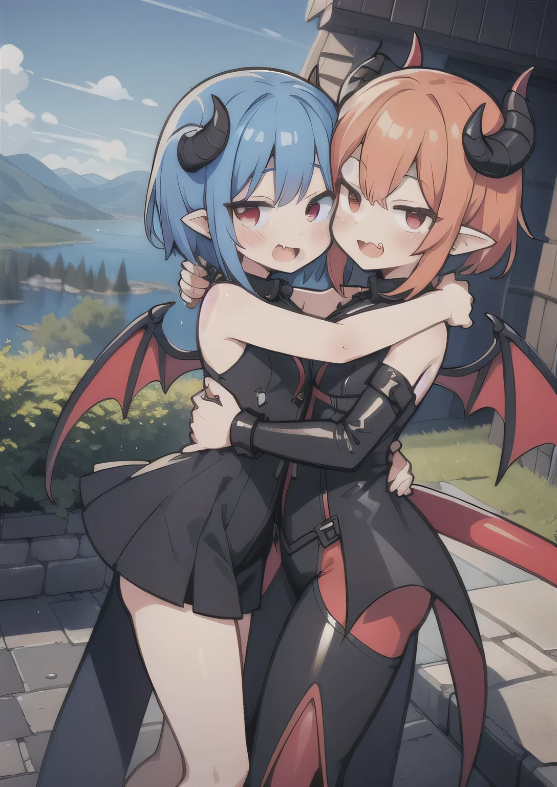 8K, femboy and girl, petit, teen, kawaii vampire, blue hair, crimson hair, short hair, red eyes, bat wings, smile, (blush), (shy), fang, pointed ears, looking at viewer, dynamic angle, wind, game cg, fantastic scenery, demon tail, thin tail, black horns, medium breast, latex, kissing, sexy, dating