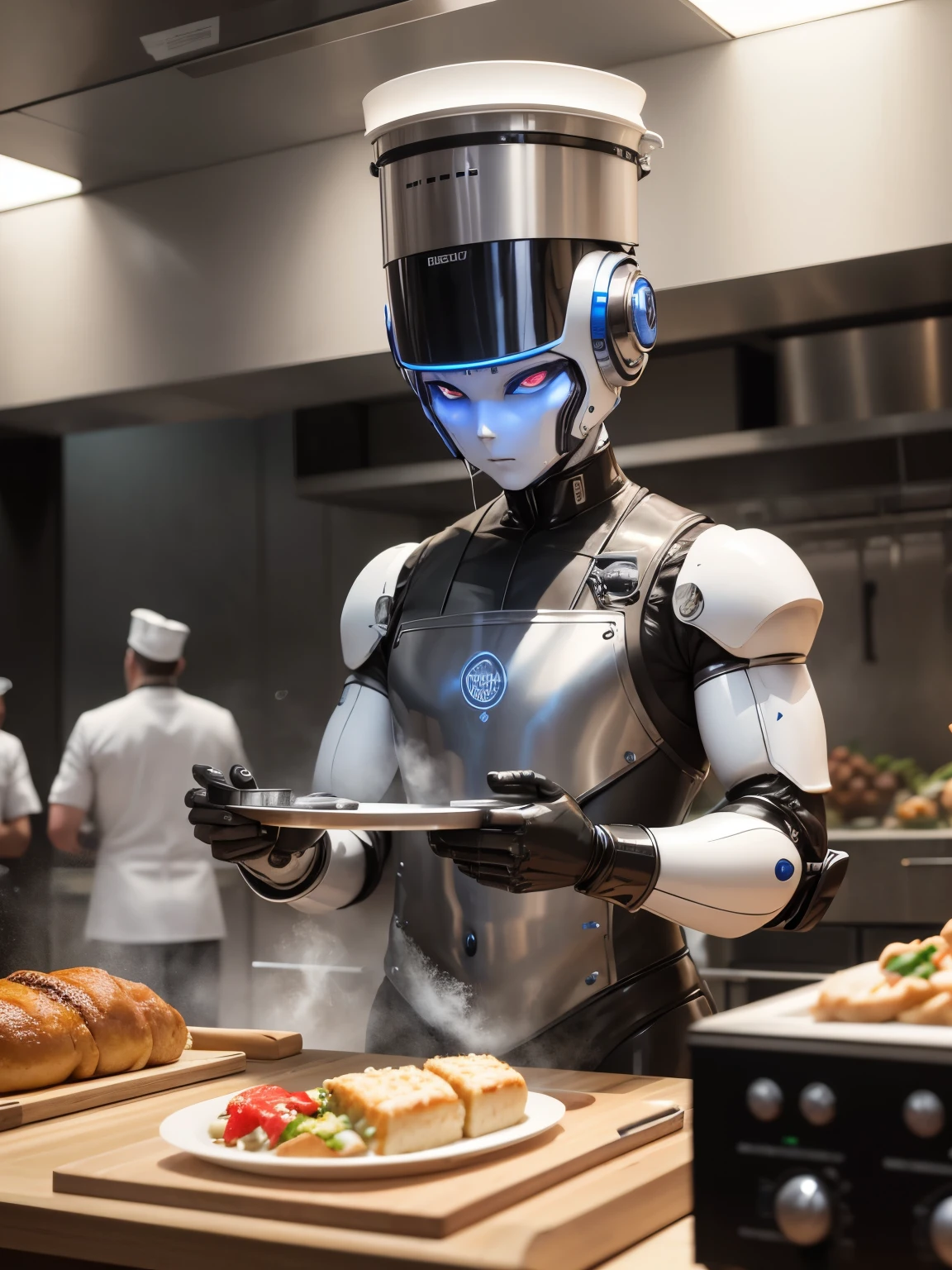 Robot Chef: A humanoid robot stands in a bustling kitchen, skillfully preparing an array of dishes with precision and speed, while chefs look on in amazement.