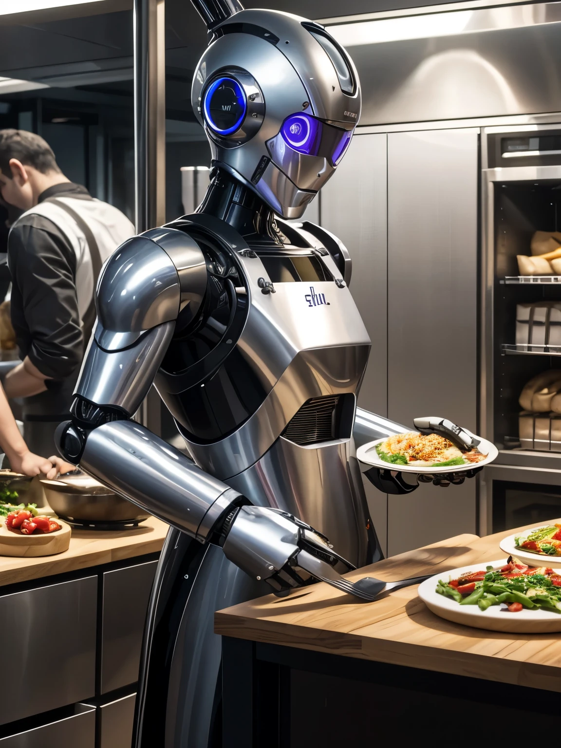 Robot Chef: A humanoid robot stands in a bustling kitchen, skillfully preparing an array of dishes with precision and speed, while chefs look on in amazement.