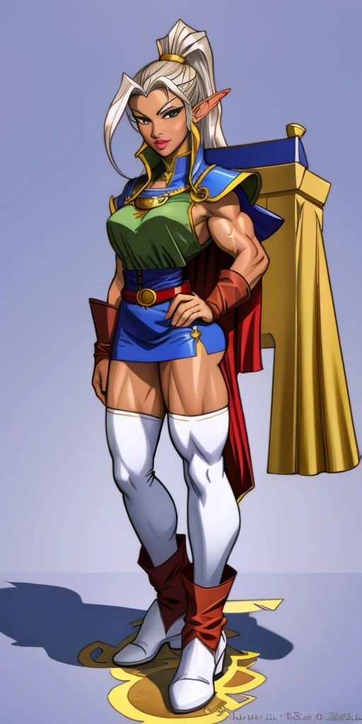 ((masterpiece, white background:1.2)) full body of a woman, standing feet together, extremely long hair, ponytail, perfect anatomy 1sologirl, tall slim thick ((muscular)) high elf toned body, silver breast plate, blue cape, slender abs, hourglass waist, detailed face, defined cheekbones, puffy lips, red gloves gauntlets, gold crown, shadow over eyes, looking at viewer view from below, white thigh highs lingerie