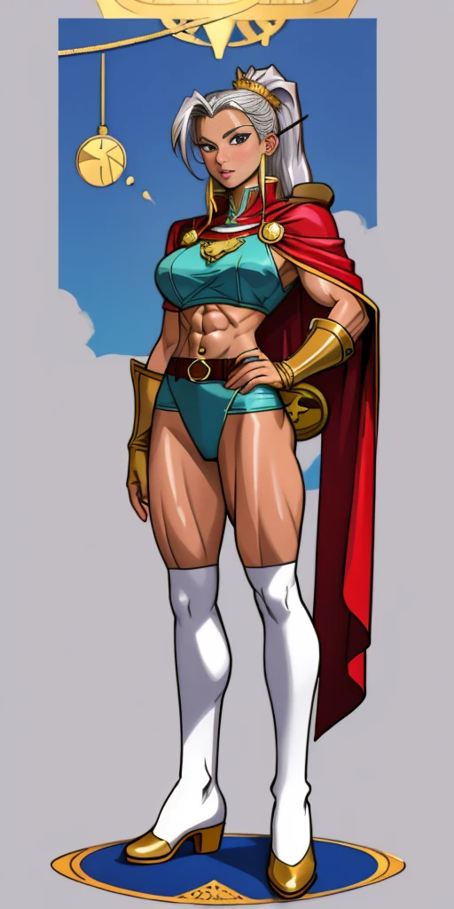 ((masterpiece, white background:1.2)) full body of a woman, standing feet together, extremely long hair, ponytail, perfect anatomy 1sologirl, tall slim thick ((muscular)) high elf toned body, silver breast plate, blue cape, slender abs, hourglass waist, detailed face, defined cheekbones, puffy lips, red gloves gauntlets, gold crown, shadow over eyes, looking at viewer view from below, white thigh highs lingerie