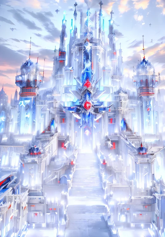 Palacess, cyberpunked palace skycraper fortress,holy swords themed decourations, aggressive  design, blue and red colors, black night sky, futuristic  city, 8k uhd, ultra realistic, ultra detailed, ((photorealistic, masterpiece)), giant holy sword  in  top  of  it 