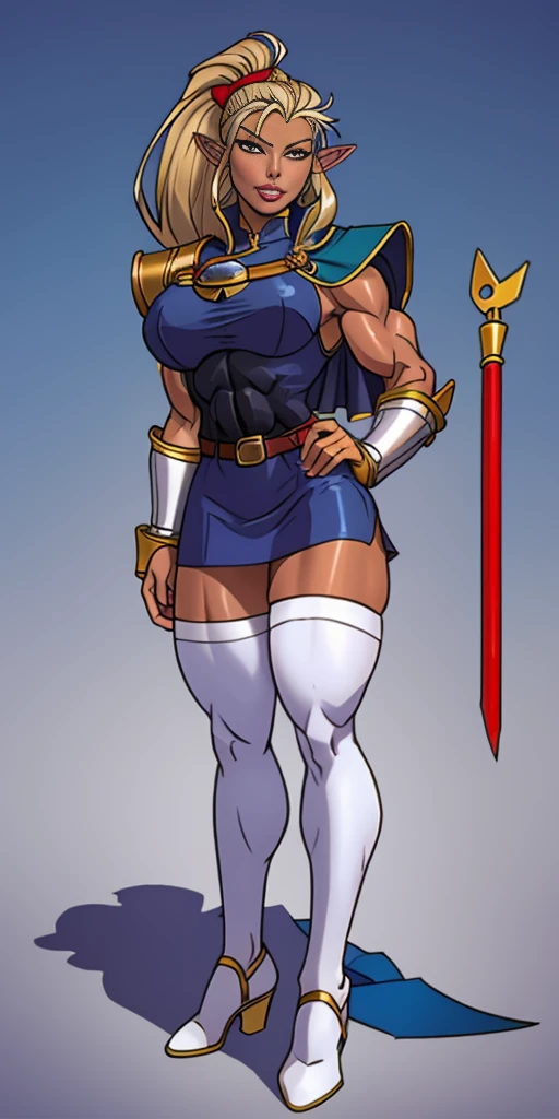 ((masterpiece, white background:1.2)) full body of a woman, standing feet together, extremely long hair, ponytail, perfect anatomy 1sologirl, tall slim thick ((muscular)) high elf toned body, silver breast plate, blue cape, slender abs, hourglass waist, detailed face, defined cheekbones, puffy lips, red gloves gauntlets, gold crown, shadow over eyes, looking at viewer view from below, white thigh highs lingerie