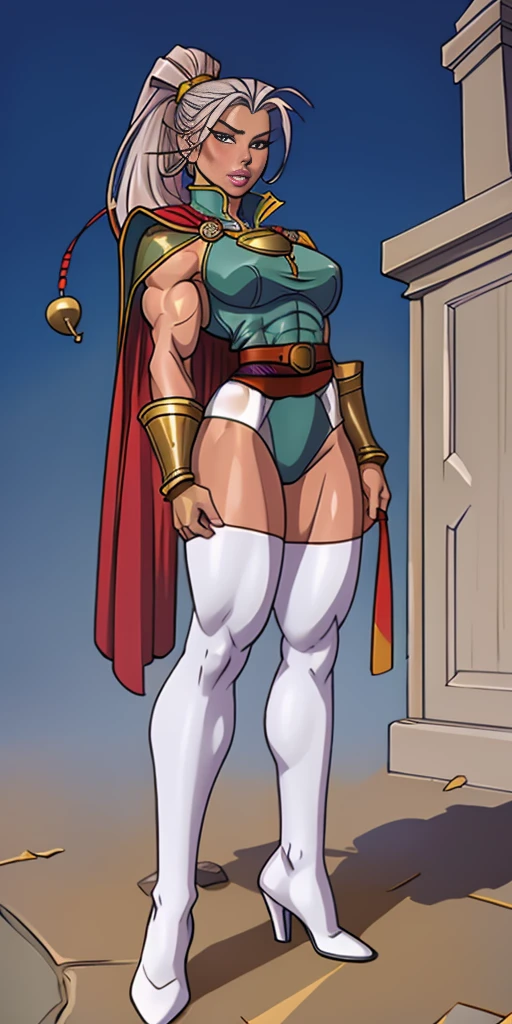 ((masterpiece, white background:1.2)) full body of a woman, standing feet together, extremely long hair, ponytail, perfect anatomy 1sologirl, tall slim thick ((muscular)) high elf toned body, silver breast plate, blue cape, slender abs, hourglass waist, detailed face, defined cheekbones, puffy lips, red gloves gauntlets, gold crown, shadow over eyes, looking at viewer view from below, white thigh highs lingerie