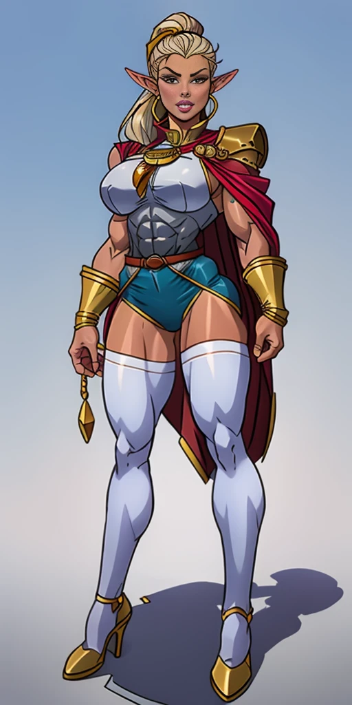 ((masterpiece, white background:1.2)) full body of a woman, standing feet together, extremely long hair, ponytail, perfect anatomy 1sologirl, tall slim thick ((muscular)) high elf toned body, silver breast plate, blue cape, slender abs, hourglass waist, detailed face, defined cheekbones, puffy lips, red gloves gauntlets, gold crown, shadow over eyes, looking at viewer view from below, white thigh highs lingerie