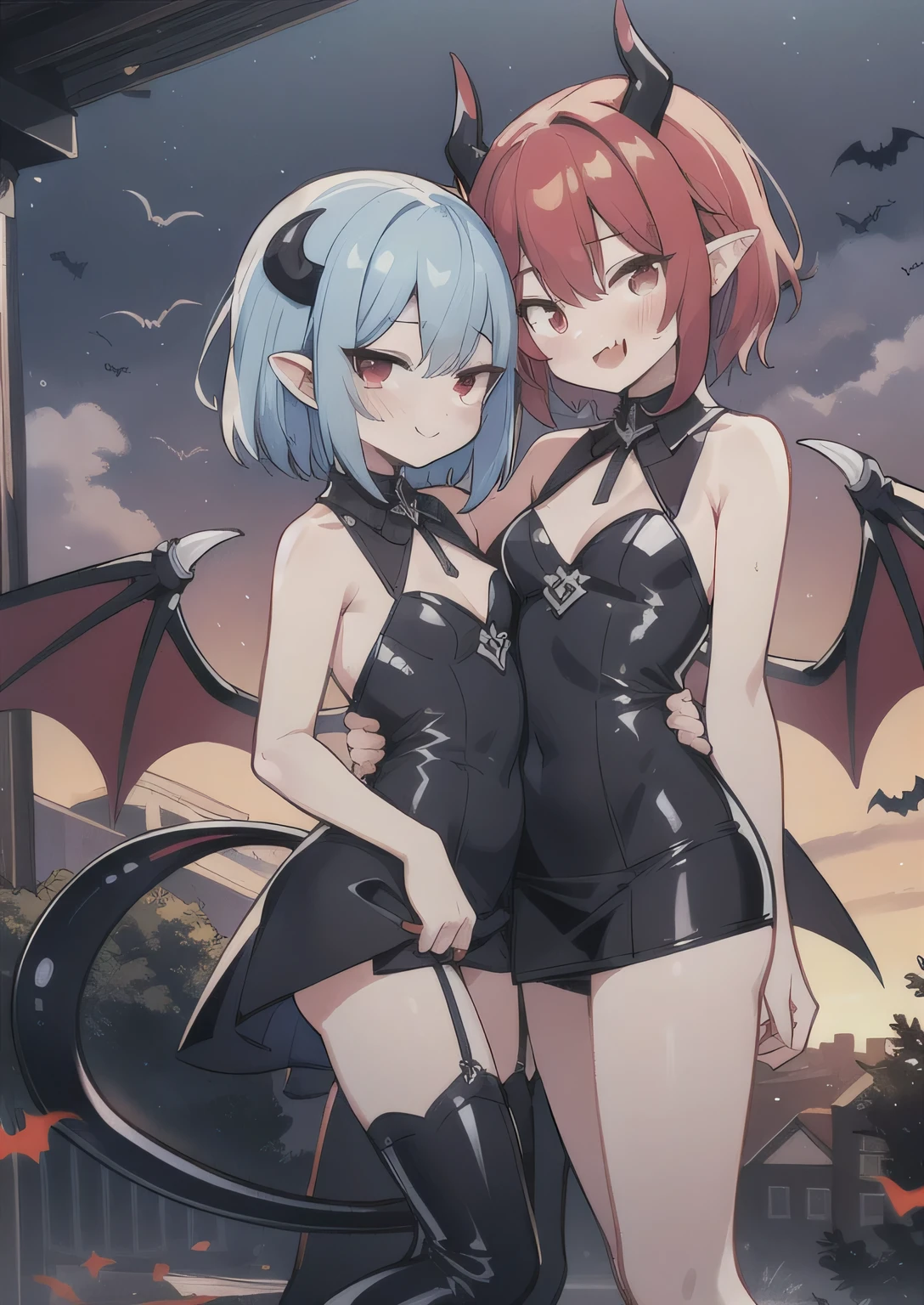 8K,  femboy and girl, petit, teen, kawaii vampire, blue hair, crimson hair, short hair, red eyes, bat wings, smile, (blush), (shy), fang, pointed ears, looking at viewer,  dynamic angle, wind, game cg, fantastic scenery, demon tail, thin tail, black horns, medium breast, latex, kissing, sexy, dating 