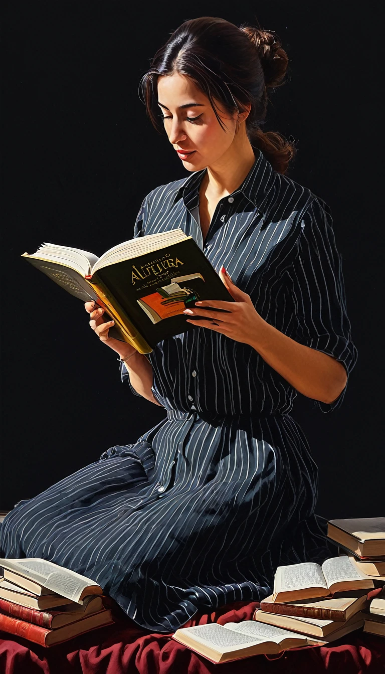 crea una mujer ,con camisa negra , leyendo un libro, obra maestra, estilo ilustracion de Ali Erturk, alto detalle, hiperrealista, luz natural,ilustracion , colores llamativos