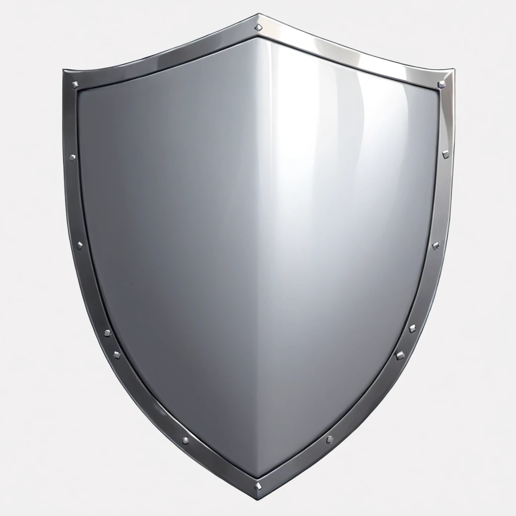 masterpiece, best quality, official digital art, 2D shield icon to be used for a card game, the shield is shiny and metallic silver, the shield is plain and simple and shouldnt be intricately designed or adorned, White background, 8k, anime-inspired style, no people, no humans