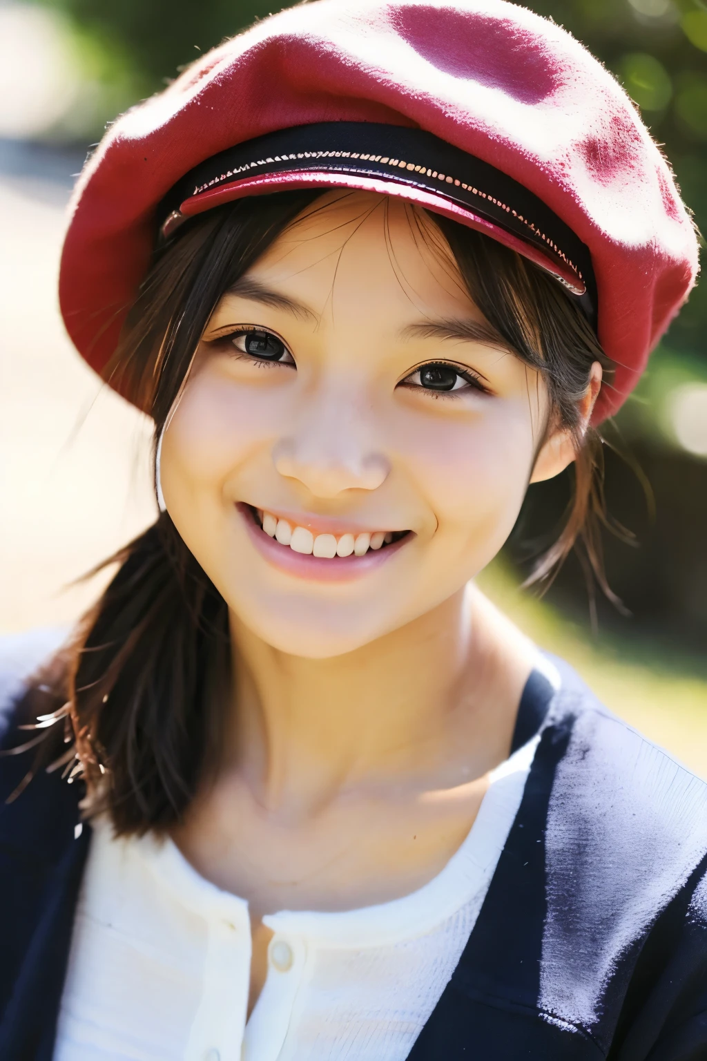 15 years old、beret、beautiful、smile、Modern clothing、Shining eyes、stare、bring the action、Throw、