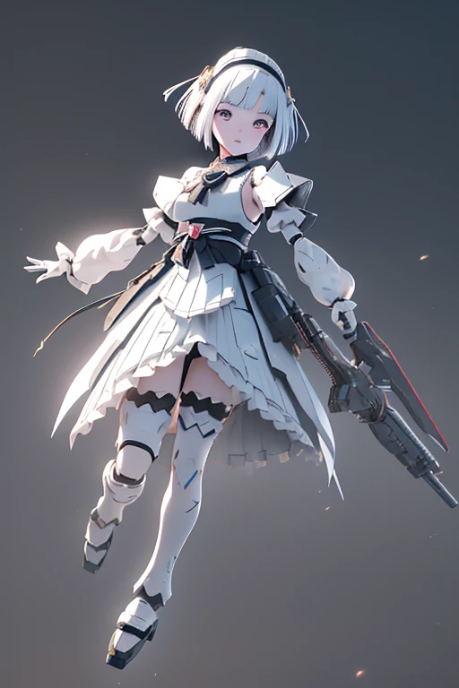 (highest quality)), ((masterpiece)), (Very detailed: 1.3), 3D, {(Young girl)}, Wearing a white frilly Gothic Lolita outfit, (She is fused with a Gundam mecha from the future....), With headgear, With V-fin , Armored Shoulders,Armament, Armor at the feet, Multi-layer texture perfect ratio, Octane Rendering, Duotone Lighting, Low ISO, wide aperture, White balance, Three-part method, Ultra HD 16k, High resolution (High Dynamic Range), Ray Tracing, NVIDIA, Super Resolution, Scattered beneath the surface of the water, PBR Texturing, Post-processing, Anisotropic Filtering, Written boundary depth, Maximum clarity and sharpness, Highly efficient subpixels, Subpixel Convolution, Particles of light, Scattered Light, Tyndall effect, whole body:1.5, Combat pose, cute, (cute:1.2), (Bobcut:1.3),Braiding, Black Hair, Thick eyebrows, Pale-colored iris, big, Bright black eyes, Long eyelashes, small, Bright colors, Natural lips, (The average face of a Japanese idol), (日本人特有のBaby Face:1.3), (Baby Face), Wide forehead:1.2, Plump Cheeks, small jaw, Visible side boob, (Has a huge weapon:1.5), fly in the sky、((((Flying high in the sky)))),View your audience,Focus on the eyes , (Four perfect fingers, One thumb),