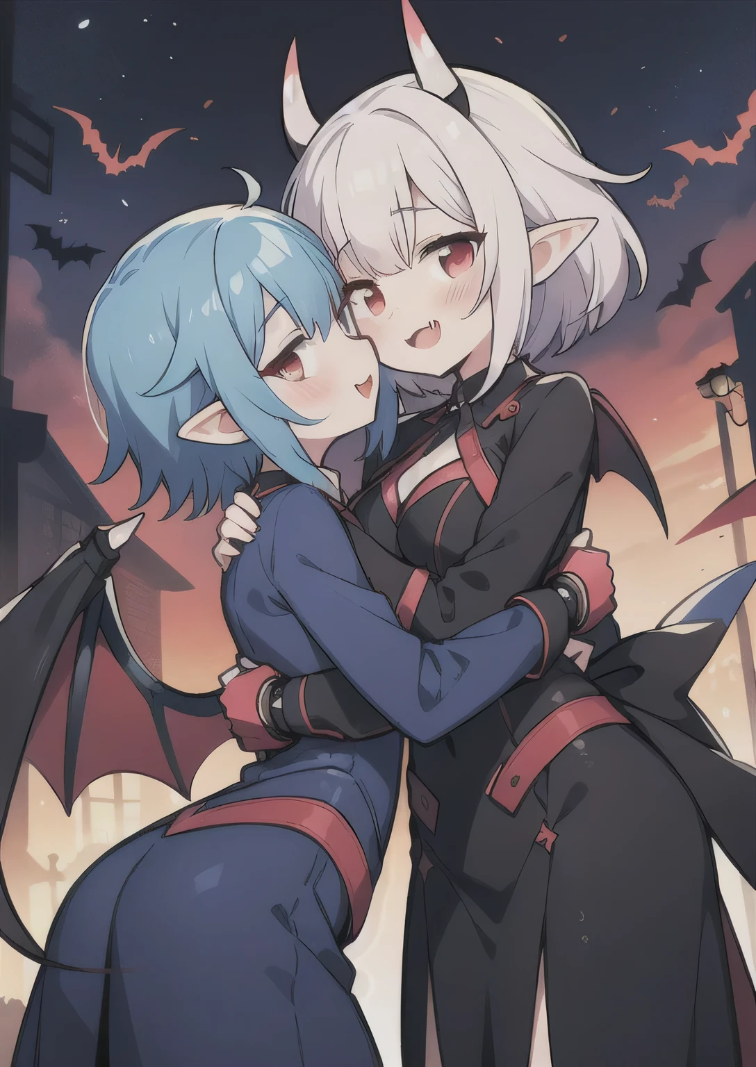 8K, femboy and girl, petit, teen, kawaii vampire, blue hair, crimson hair, short hair, red eyes, bat wings, smile, (blush), (shy), fang, pointed ears, looking at viewer, dynamic angle, wind, game cg, fantastic scenery, demon tail, thin tail, black horns, medium breast, latex, kissing, sexy, dating