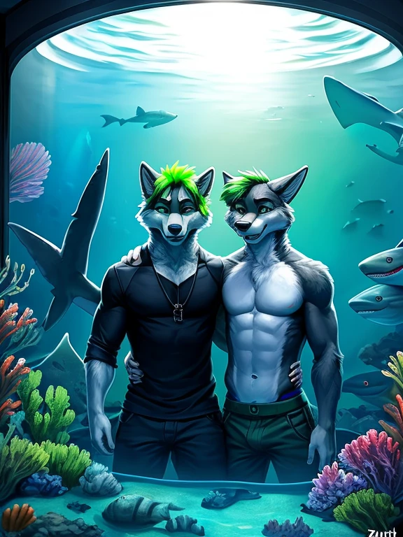,standing in front of a tank full of fish and one shark, (((2 people who are Danny a grey, black, and white anthropomorphic male wolf in the aquarium with a lot of fish and a shark standing next to Cerberus who is a Cerberus a three-headed wolf with bright green hair and green eyes and black fur and has a green chest ))) , big chest wearing clothing , day, , sensual, detailed, uploaded to e621, beautiful and detailed of 2 anthropomorphic , (((males))) uploaded to e621, zaush, foxovh, movie lighting, thicc, movie cover with two independent people standing in front of a tank full of fish and one shark
