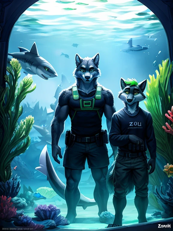 ,standing in front of a tank full of fish and one shark, (((2 people who are Danny a grey, black, and white anthropomorphic male wolf in the aquarium with a lot of fish and a shark standing next to Cerberus who is a Cerberus a three-headed wolf with bright green hair and green eyes and black fur and has a green chest ))) , big chest wearing clothing , day, , sensual, detailed, uploaded to e621, beautiful and detailed of 2 anthropomorphic , (((males))) uploaded to e621, zaush, foxovh, movie lighting, thicc, movie cover with two independent people standing in front of a tank full of fish and one shark