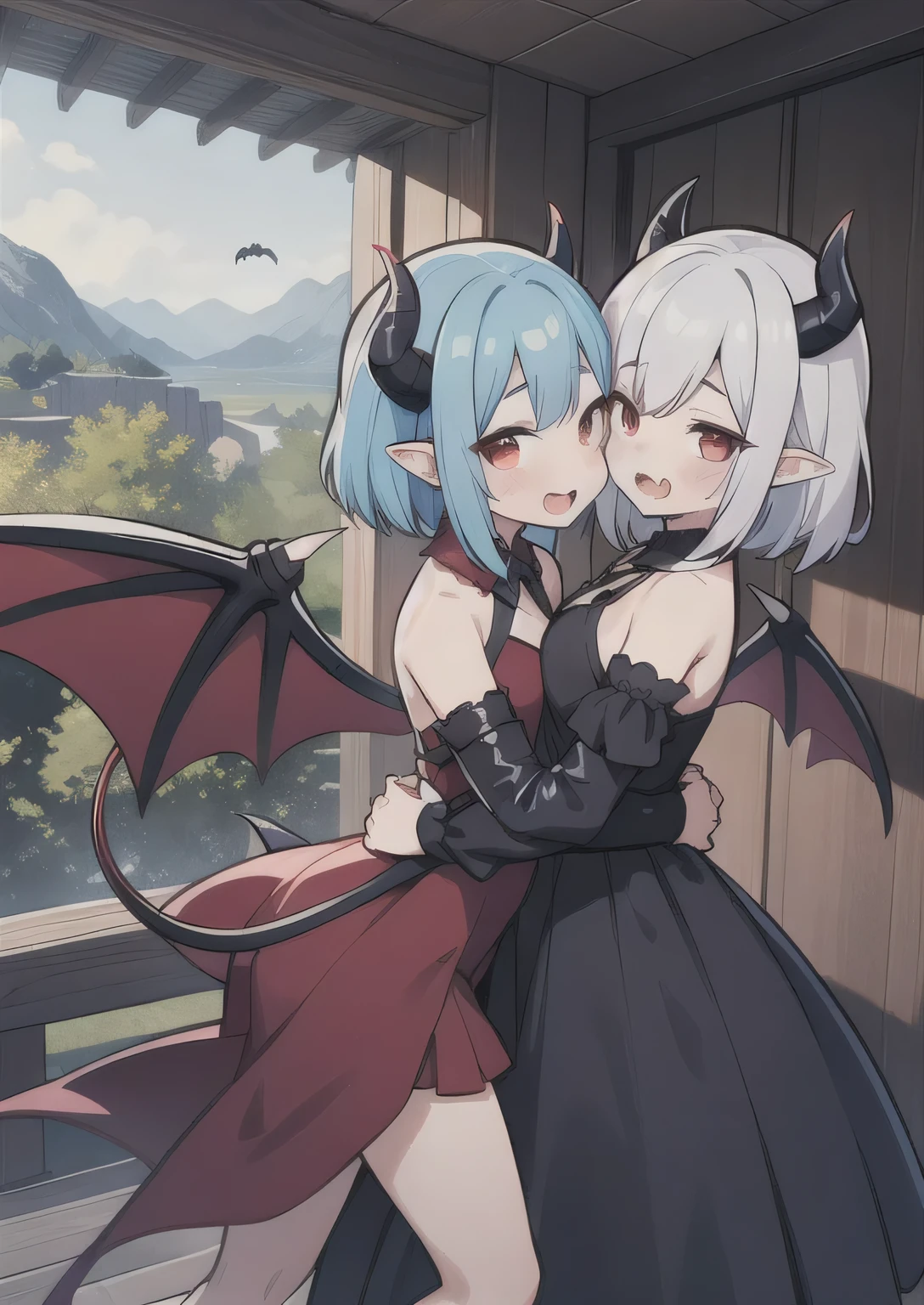 8K, femboy and girl, petit, , kawaii vampire, blue hair, crimson hair, short hair, red eyes, bat wings, smile, (blush), (shy), fang, pointed ears, looking at viewer, dynamic angle, wind, game cg, fantastic scenery, demon tail, thin tail, black horns, medium breast, latex, kissing, sexy, dating
