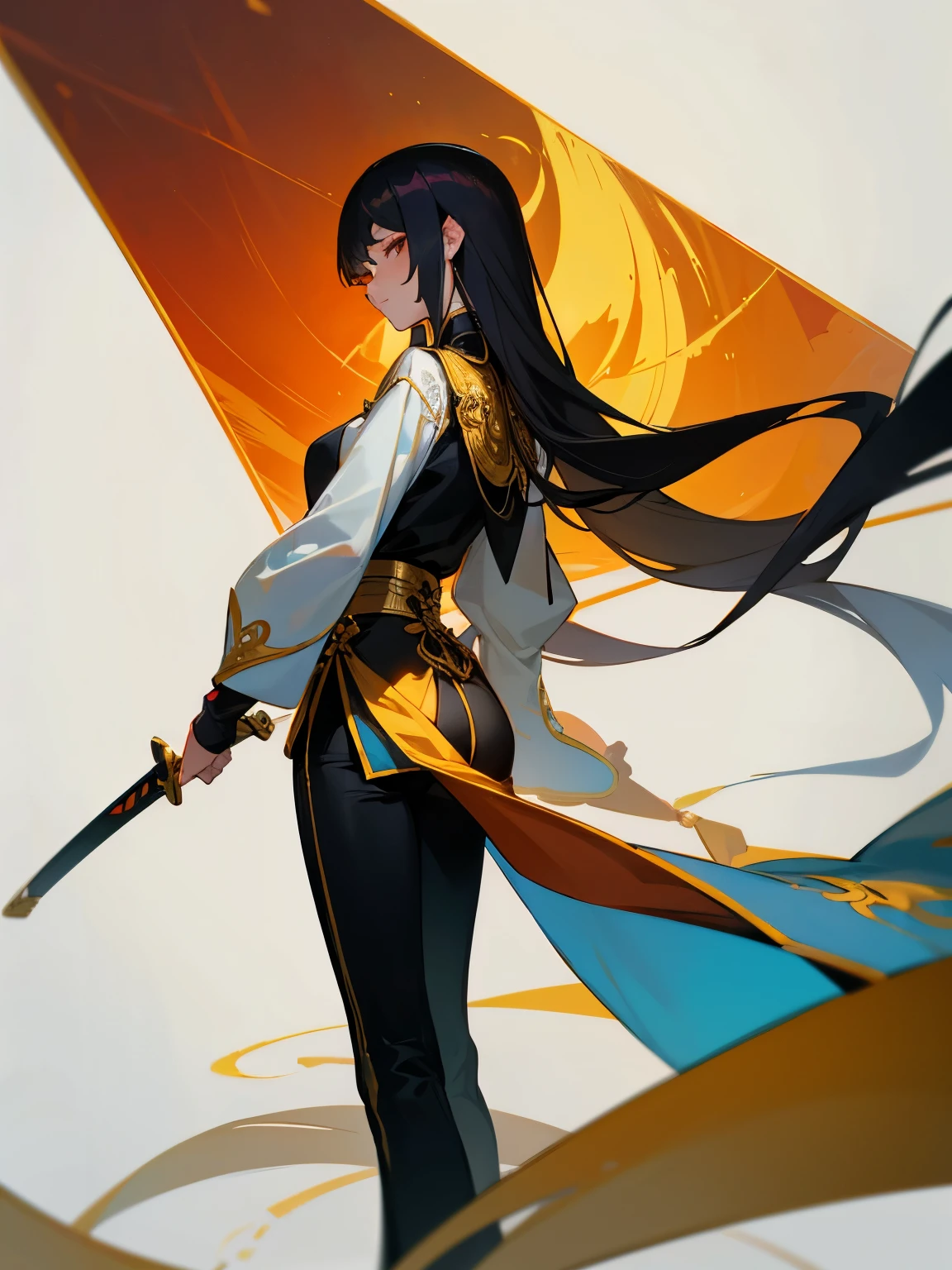 Chinese fantasy, Young woman, Young woman стоит спиной, girl profile, black long hair, Sword in hand, white sleeves, Long sleeves, black pants with gold trim at the bottom, fresco, full length, Beautiful face, Good Quality, стоит full length, Back to the viewer