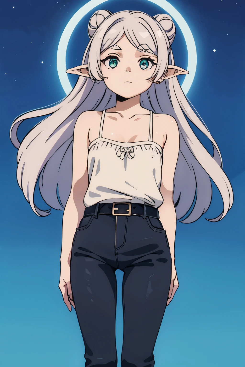 uma mulher de pele clara, who has a moon barrette and her hair is wavy, em um corte chamado jellyfish hair, with two strands thrown forward and two small buns at the back. Ela tem brincos em suas orelhas pontudas como de elfo, but hides them out of insecurity. Ela usa um cropped estampado e por baixo, Amelie veste um body com gola alto estilizado, which is open at the waist, no ombro direito, in the collarbone region in a horizontal cut and also on the back in a full moon shape. Na parte de baixo, She wears pants that also turn into shorts and a pair of high boots with some buckles. Amelie has a black left eyebrow with a little line and the end of it is blue.. She also has her nails painted black and only the one on her index finger is blue..