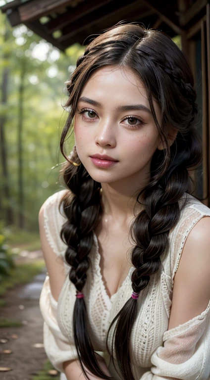 A 1 meter 60 year old busty woman raining with her body all wet and the rain falling on the ground Walking through the forest with her feet on the ground hair braided in a compound, elegant style is portrayed in a stunning scene. Your braided hair displays a variety of patterns and textures, demonstrating skill and art in creating the hairstyle. The woman is portrayed with a confident posture, sorridente e orgulhosa, destacando sua beleza e autenticidade. Your facial features are distinct and expressive, reflecting your individuality and inner strength. The scene is softly lit, highlighting the details of the braided hair and the beauty of the woman. Your presence is captivating, conveying a sense of grace and determination. This depiction of a black woman with braided hair is a celebration of black culture and beauty., capturing the elegance and pride of a traditionally significant hairstyle. ela toda molhada