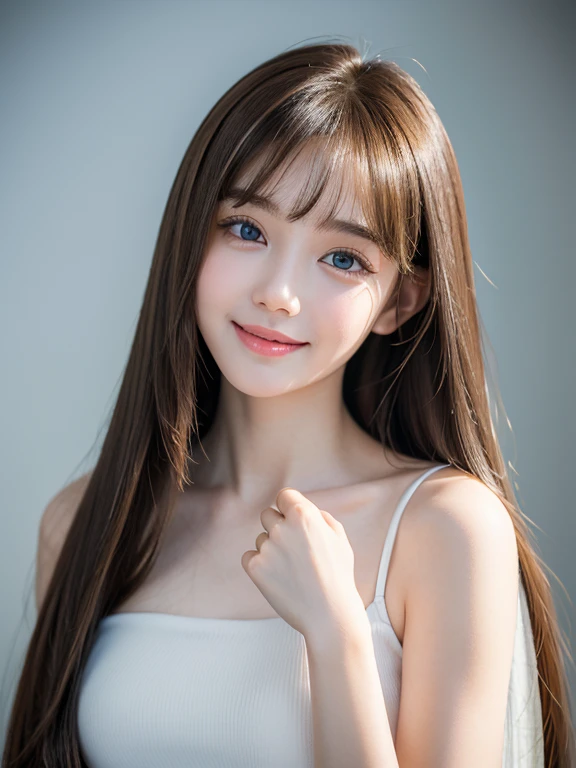Portrait、、Bright expression、Half Up 、Younger, brighter, whiter skin、Best Looks、Natural brown hair with shiny highlights、Shiny bright hair,、Super long, silky straight hair、Shiny beautiful bangs、Blunt bangs、Sparkling, clear, attractive big blue eyes、A very beautiful, lovely and cute 16 year old girl、Ample breasts