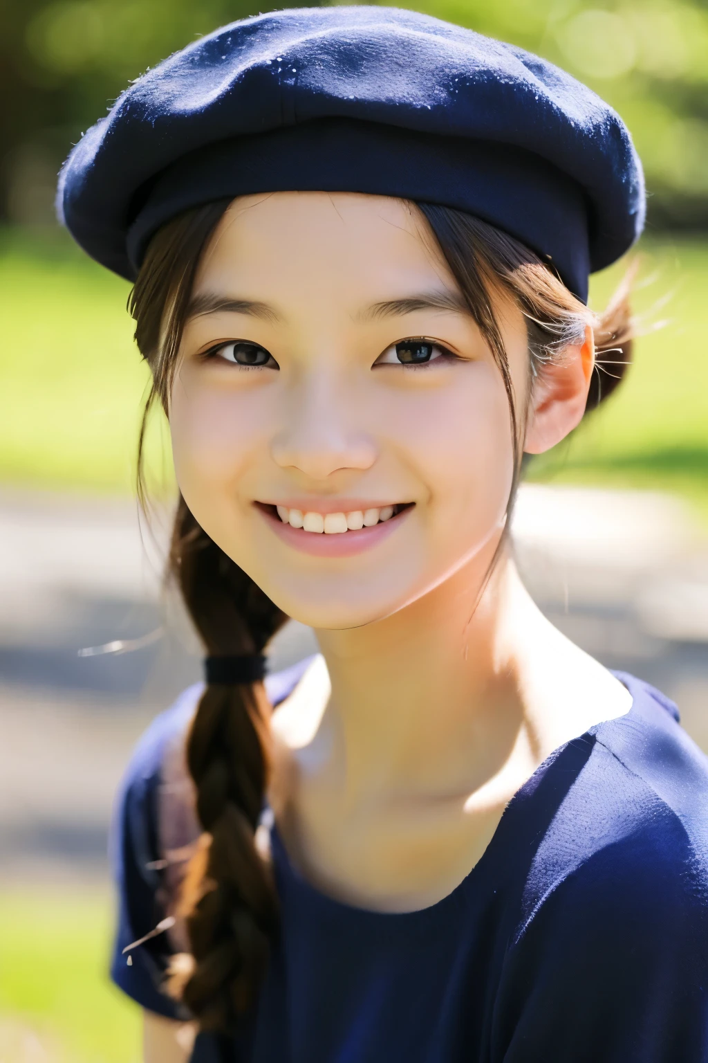 15 years old、beret、beautiful、smile、Modern clothing、Shining eyes、stare、bring the action、Throw、
