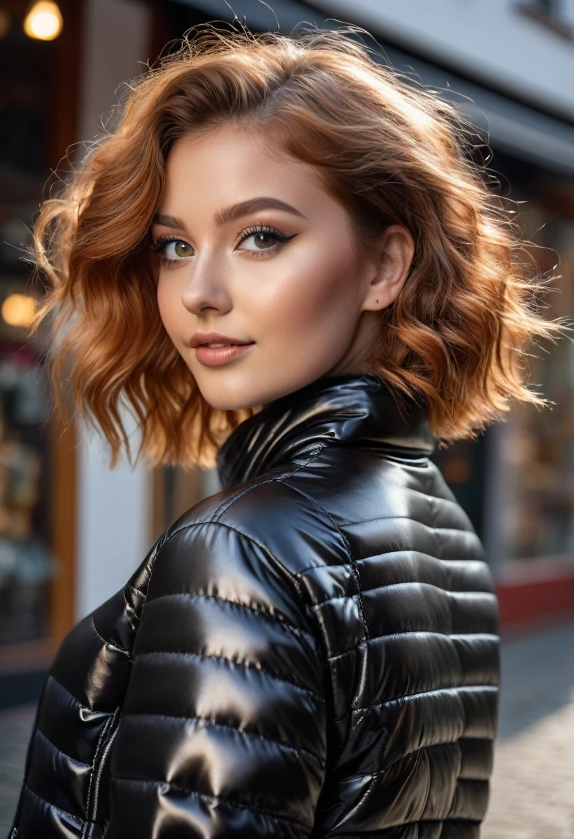 hyperrealistic beautiful busty 18-year-old women wearing metallic cropped puffer jacket and faux leather leggins, model shooting full body photography, view from behind, natural redhead short curly bob, dark eye makeup with eyeliner, seductive smile, small necklace, 8K, Best quality, Meisterwerk, ultra high resolution, (Realismus: 1.4), Originalfoto, (realistische Hautstruktur: 1.3), (Filmkorn: 1.3), (Selfie-Winkel), 1 girl, Beautiful round hazel eyes and facial details, Meisterwerk, Best quality, selfie-pic-posing outside, nsfw