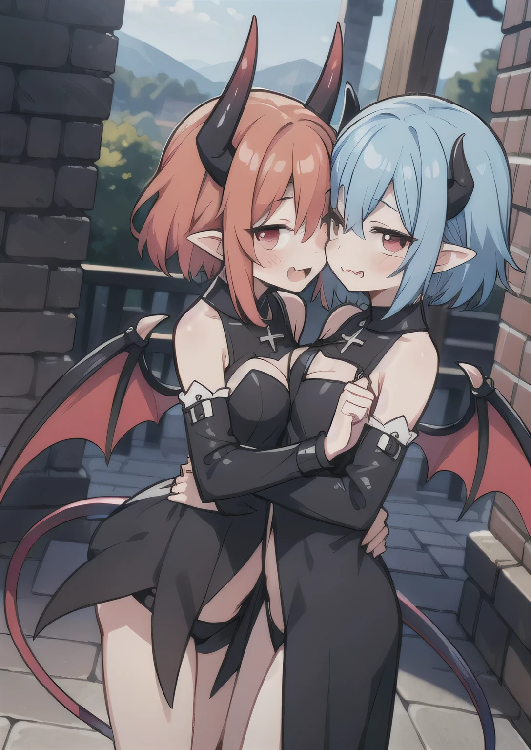 8K,  femboy and girl, petit, , kawaii vampire, blue hair, crimson hair, short hair, red eyes, bat wings, smile, (blush), (shy), fang, pointed ears, looking at viewer,  dynamic angle, wind, game cg, fantastic scenery, demon tail, thin tail, black horns, medium breatex, kissing, sexy, dati