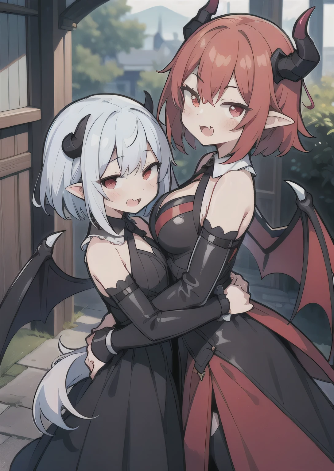 8K,  femboy and girl, petit, teen, kawaii vampire, blue hair, crimson hair, short hair, red eyes, bat wings, smile, (blush), (shy), fang, pointed ears, looking at viewer,  dynamic angle, wind, game cg, fantastic scenery, demon tail, thin tail, black horns, medium breast, latex, kissing, sexy, dating 